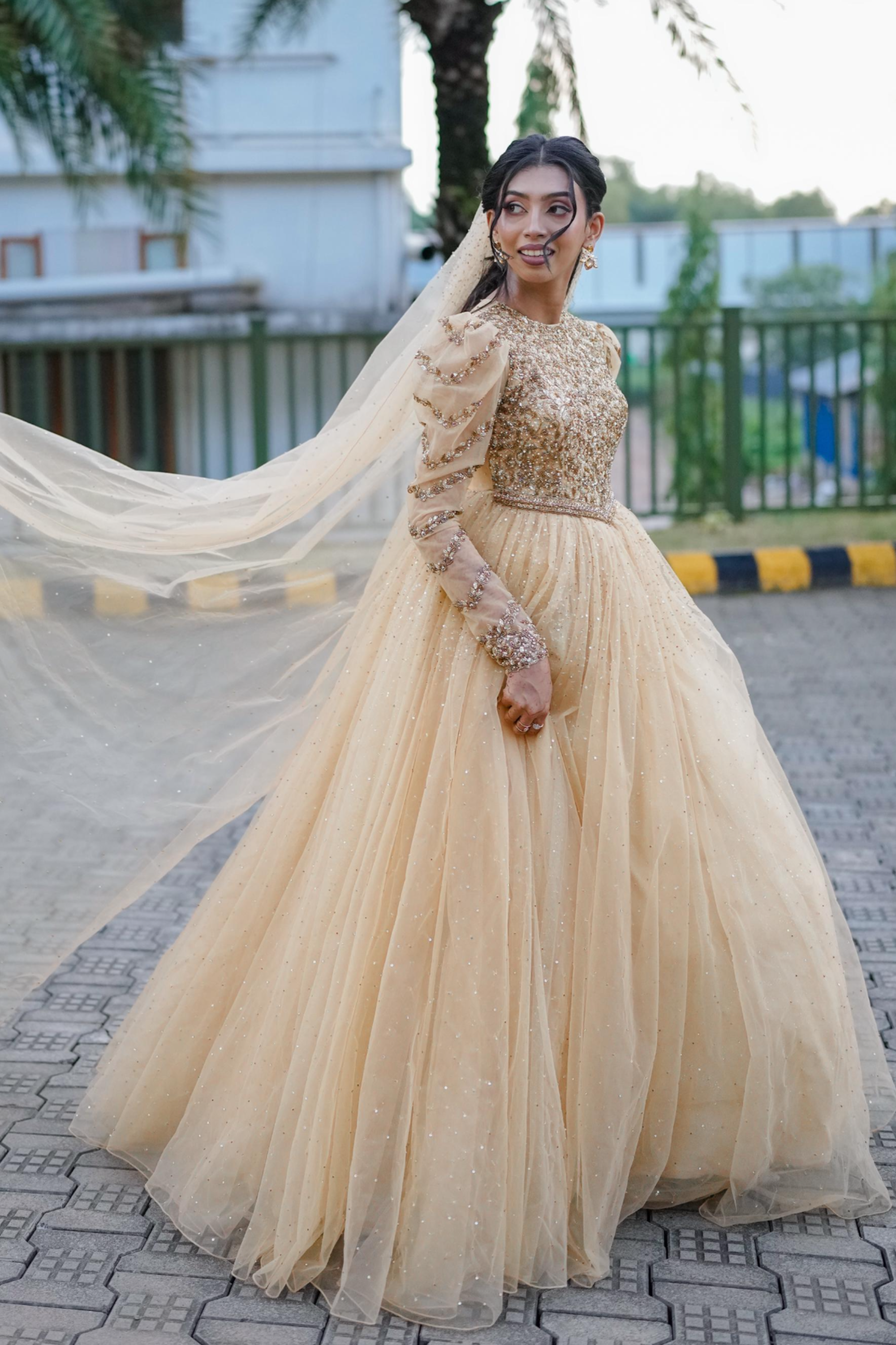 Champagne Beige Bridal Gown With Golden Sequins Embellishment