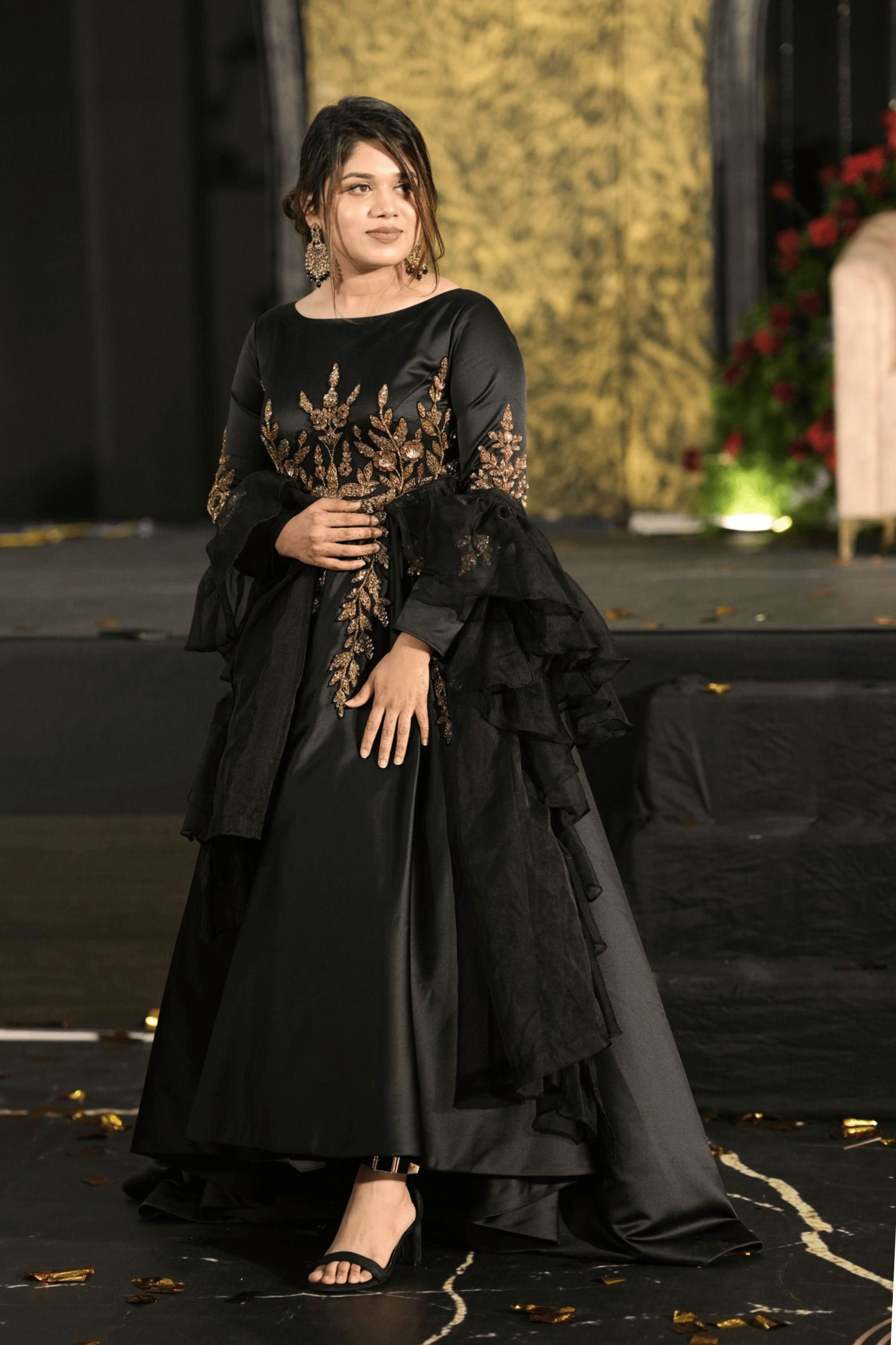 Black Gown With Antique Gold Sequins Embellishment And Black Sheer Dupatta