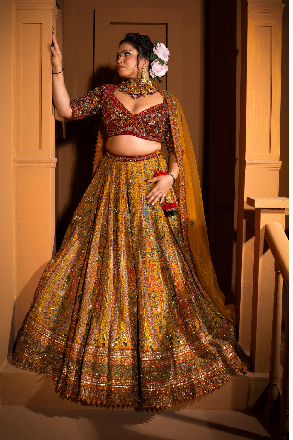 Mustard Yellow And Maroon Bridal Lehenga With Zari Thread Work Embellishment