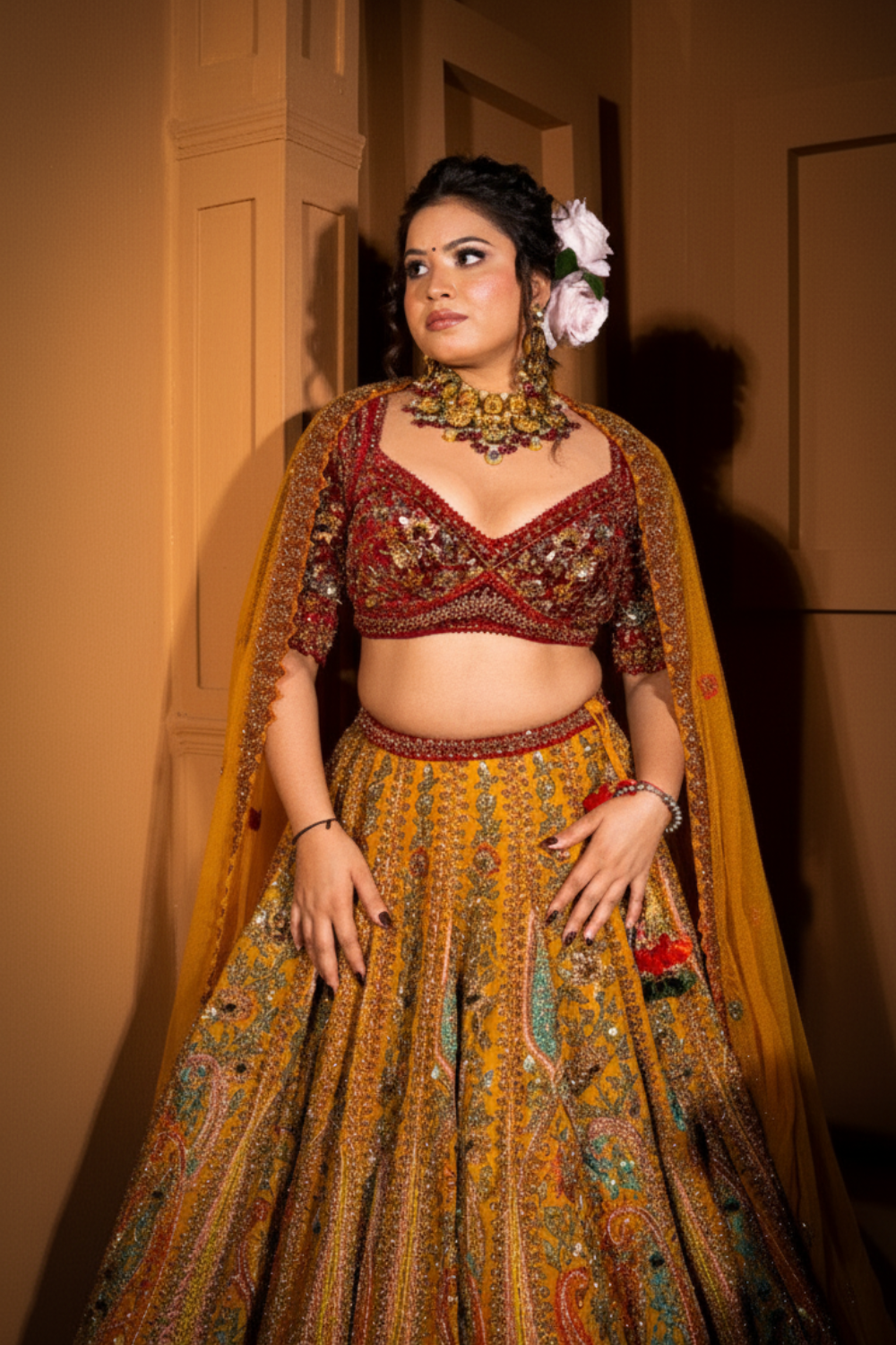 Mustard Yellow And Maroon Bridal Lehenga With Zari Thread Work Embellishment4