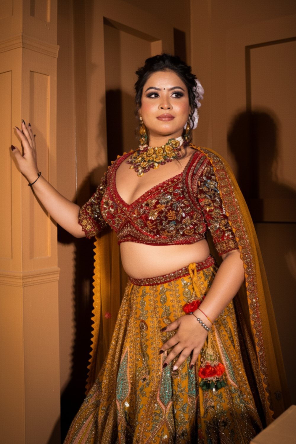 Mustard Yellow And Maroon Bridal Lehenga With Zari Thread Work Embellishment5