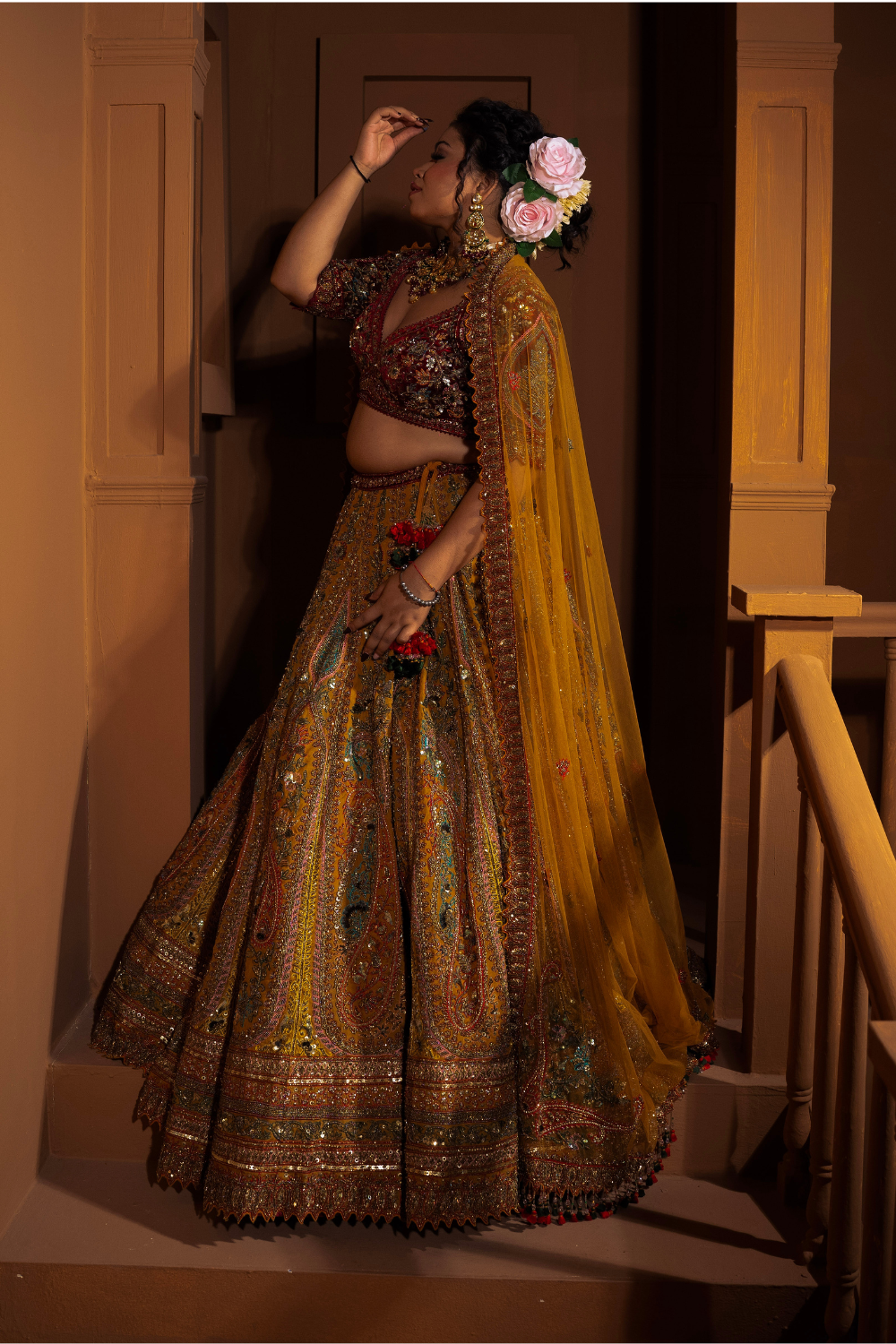 Mustard Yellow And Maroon Bridal Lehenga With Zari Thread Work Embellishment6