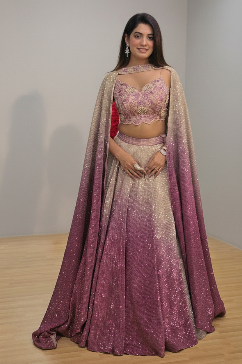 Champagne Gold And Deep Wine Pink Ombre Lehenga With Sequins Embellishment