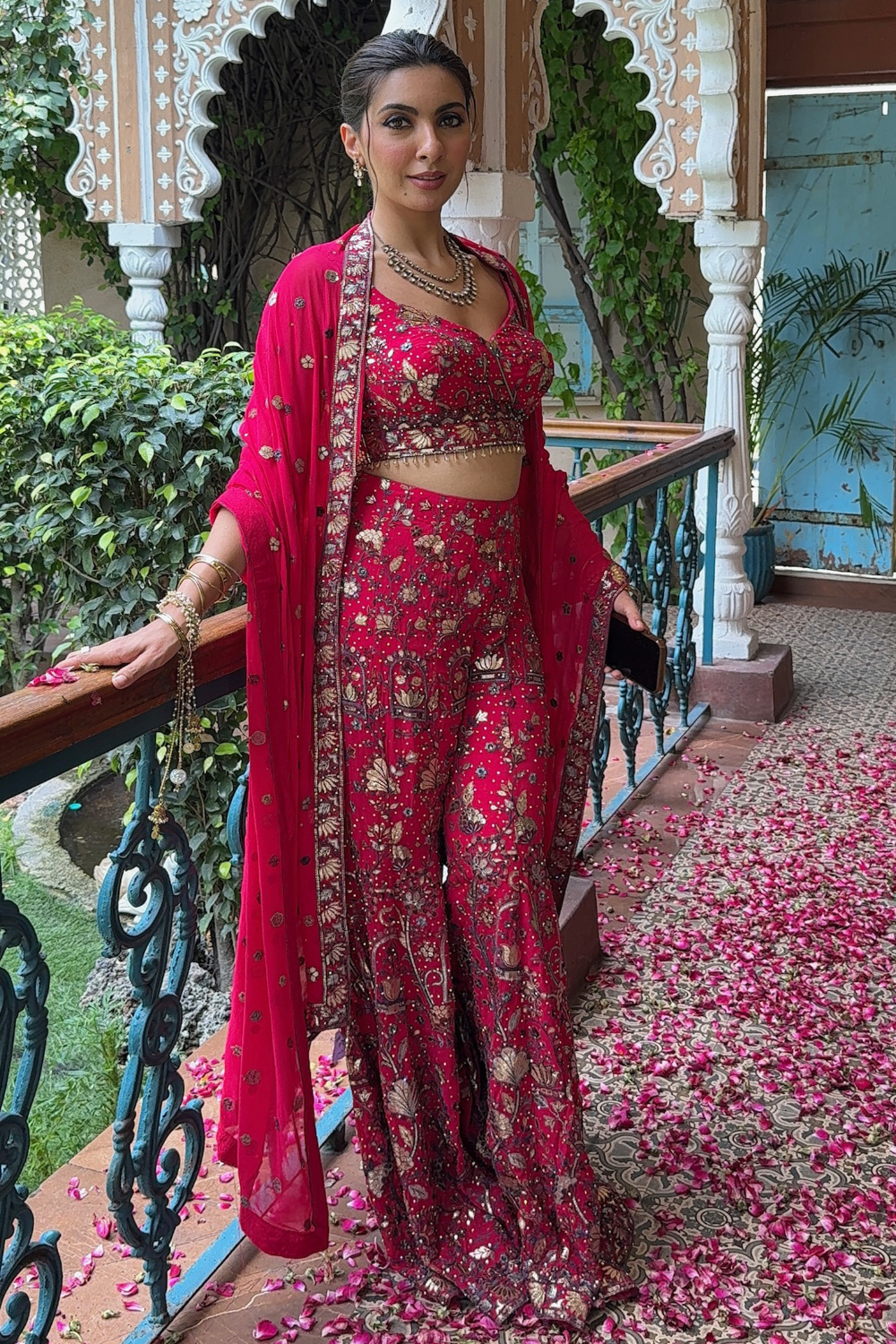 Magenta Pink Sharara Set With Floral Print And Thread Work Embellishment