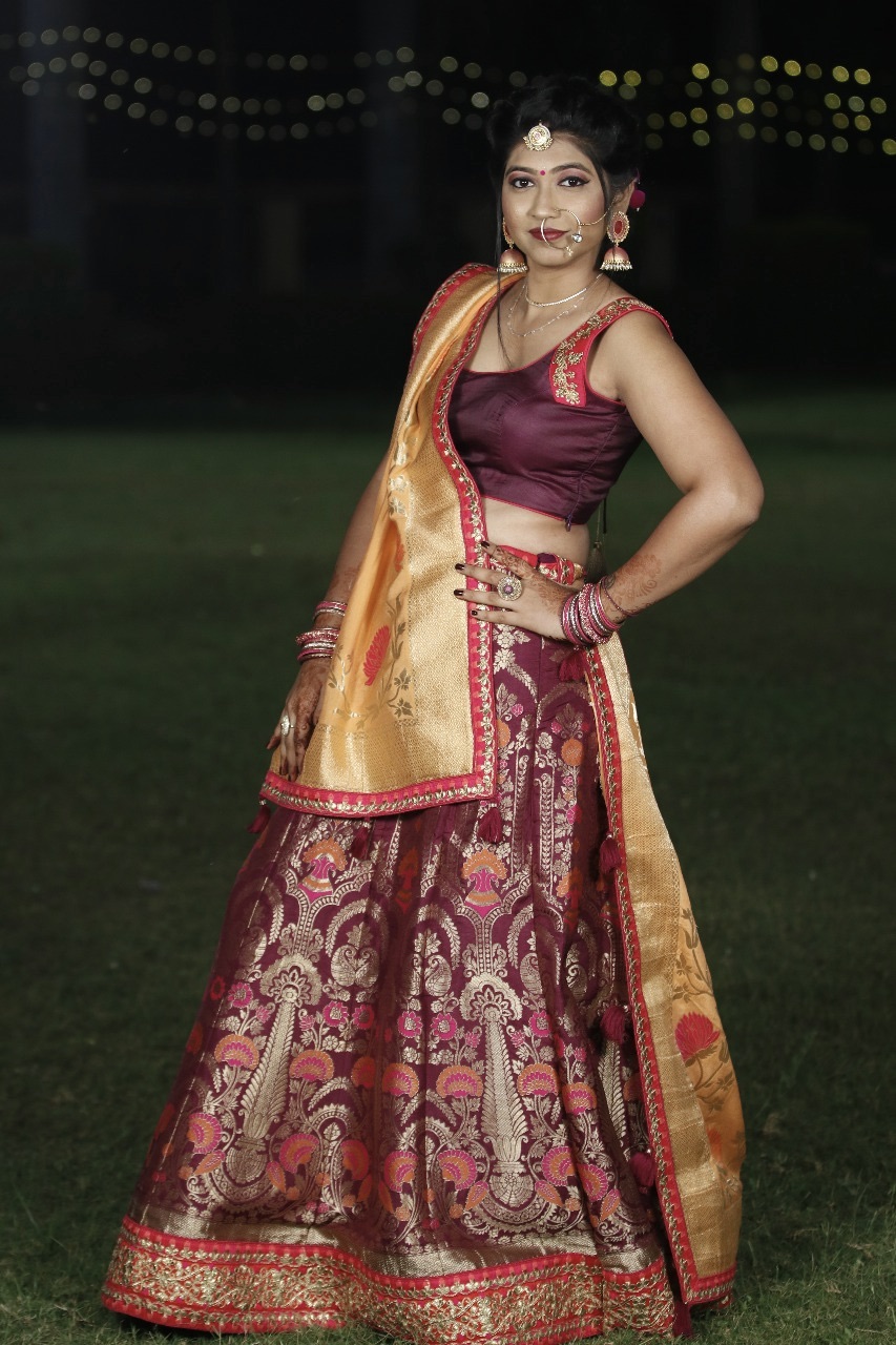 Deep Plum Banarasi Lehenga With Mustard Yellow Dupatta
