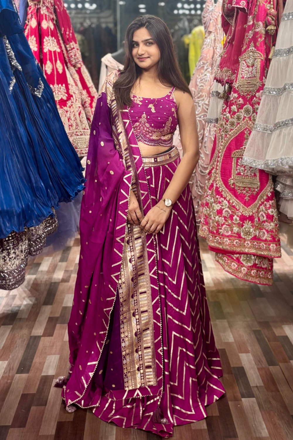 Purple Lehenga With Gold Chevron Gota Patti And Lace Work