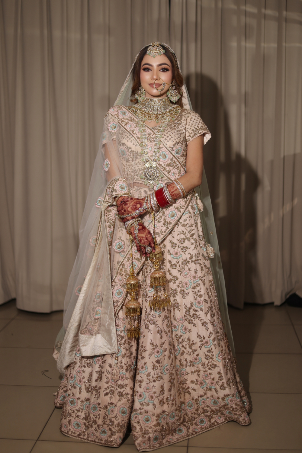 Light Pastel Pink Bridal Lehenga With Double Dupatta And Thread Work Embellishment