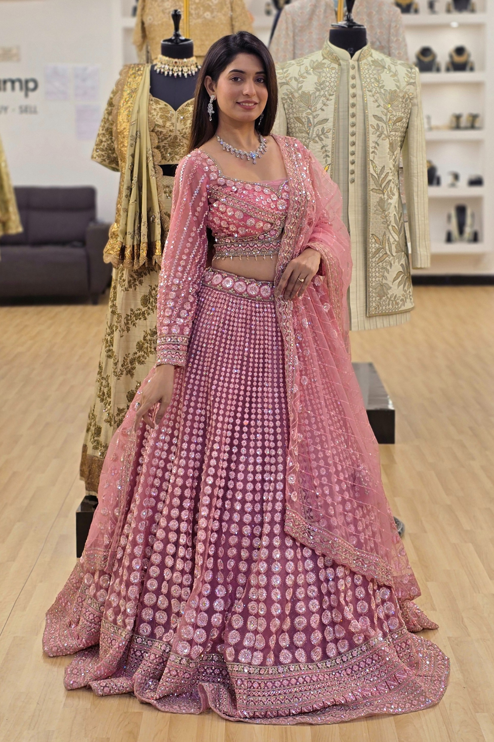 Peony Pink Lehenga With Sequins And Thread Work Embellishment