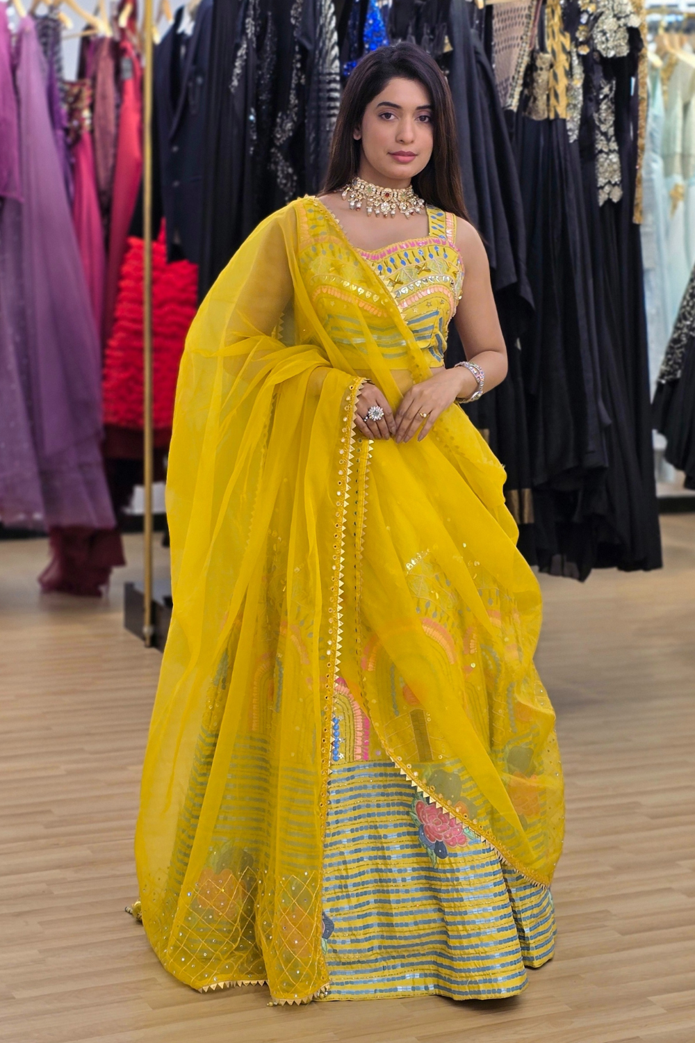Canary Yellow Lehenga With Sequins Mirror Work And Thread Work Embellishment2