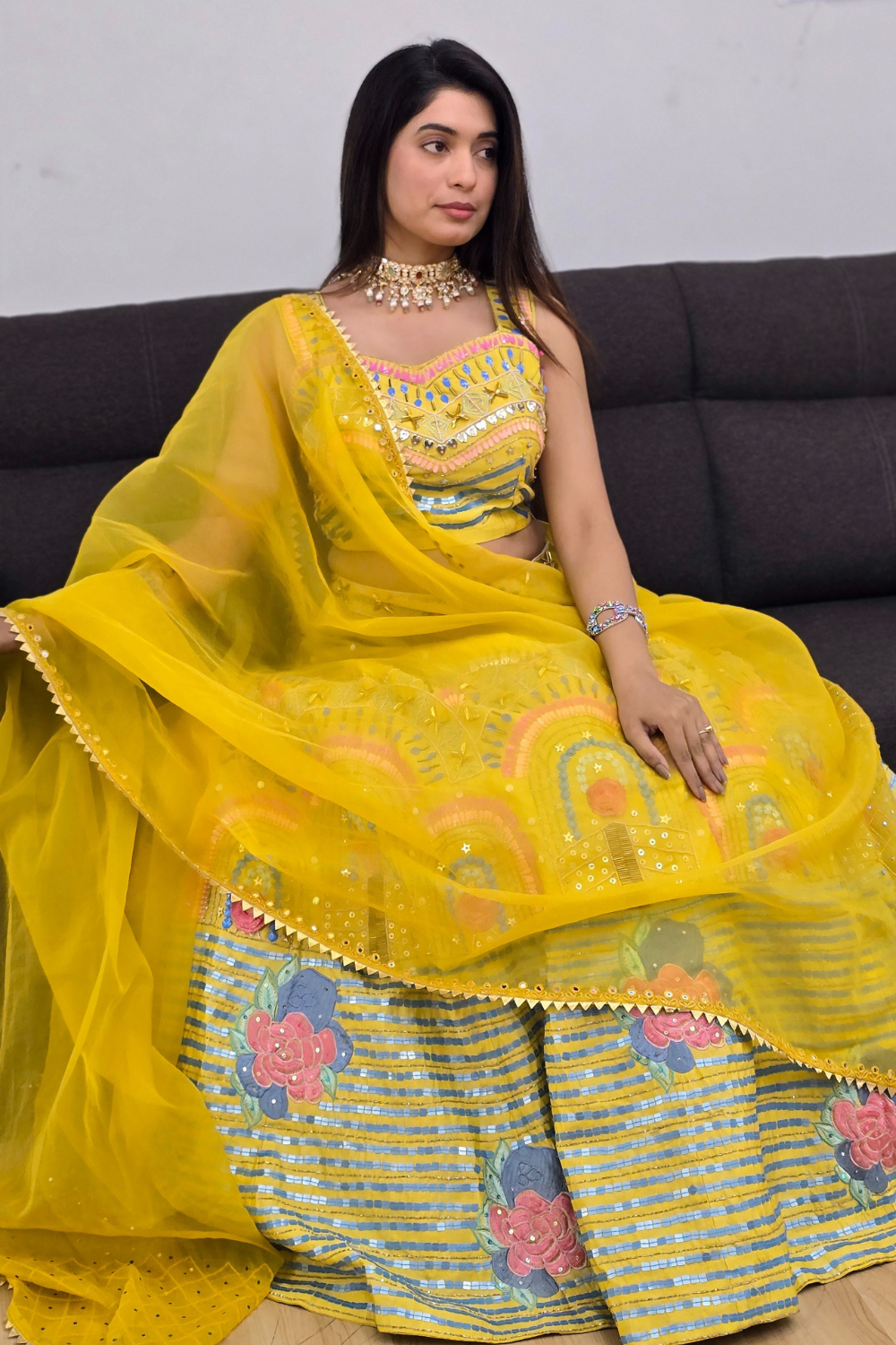 Canary Yellow Lehenga With Sequins Mirror Work And Thread Work Embellishment3