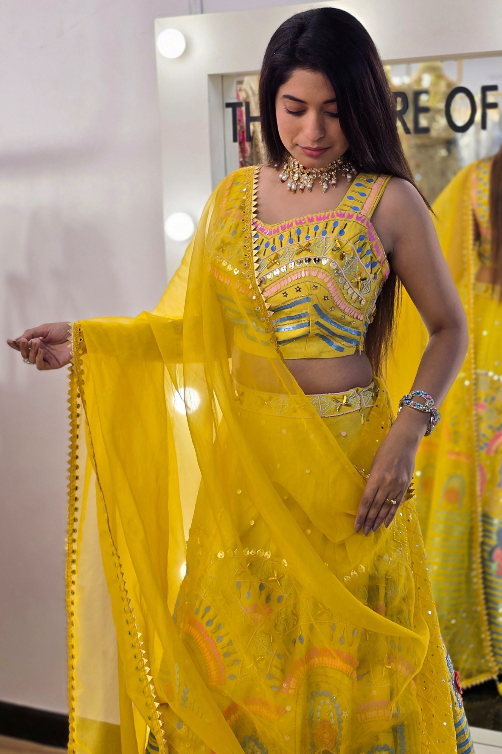 Canary Yellow Lehenga With Sequins Mirror Work And Thread Work Embellishment4