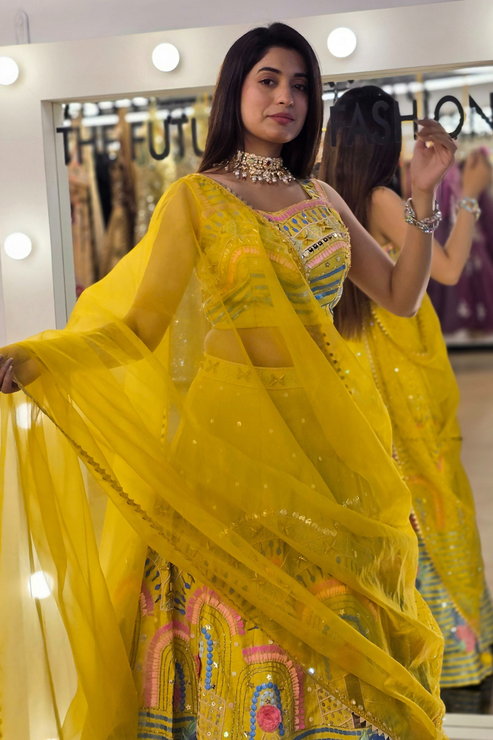 Canary Yellow Lehenga With Sequins Mirror Work And Thread Work Embellishment5
