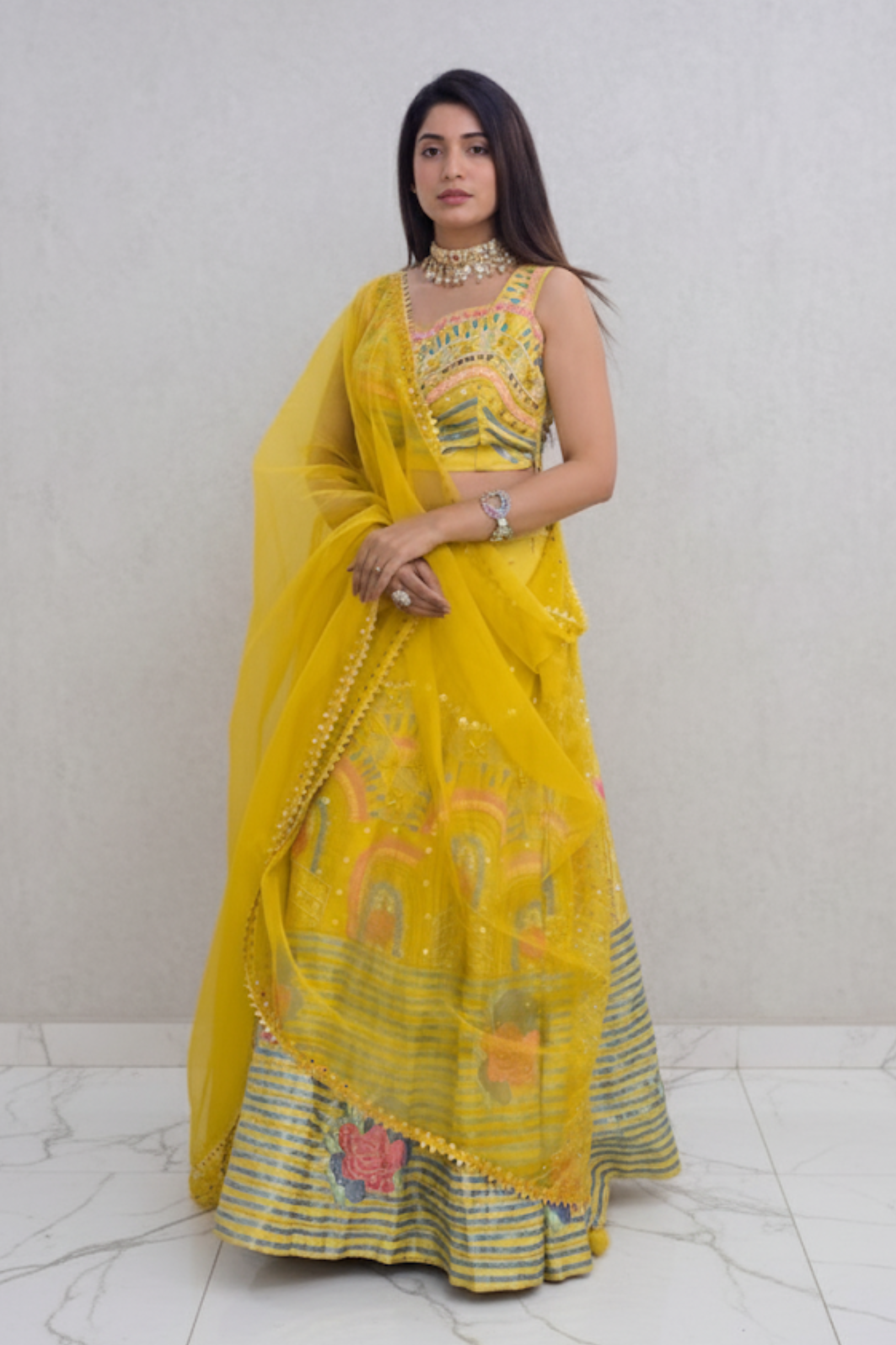 Canary Yellow Lehenga With Sequins Mirror Work And Thread Work Embellishment