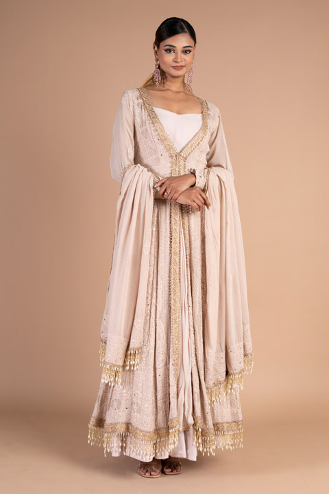 Pink Anarkali With Chikankari Jacket Set