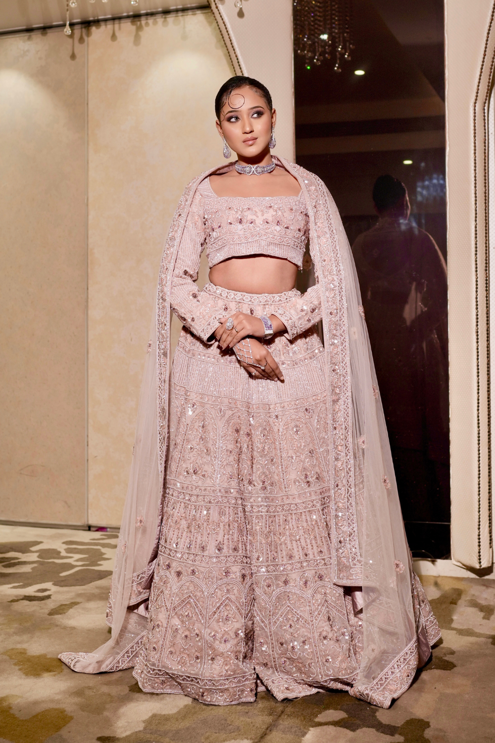 Powder Pink Bridal Lehenga With Sequins Beads Zari Work Embellishment1