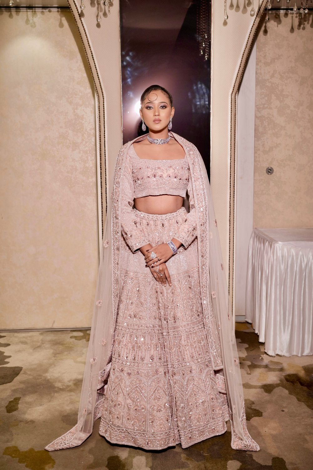 Powder Pink Bridal Lehenga With Sequins Beads Zari Work Embellishment2
