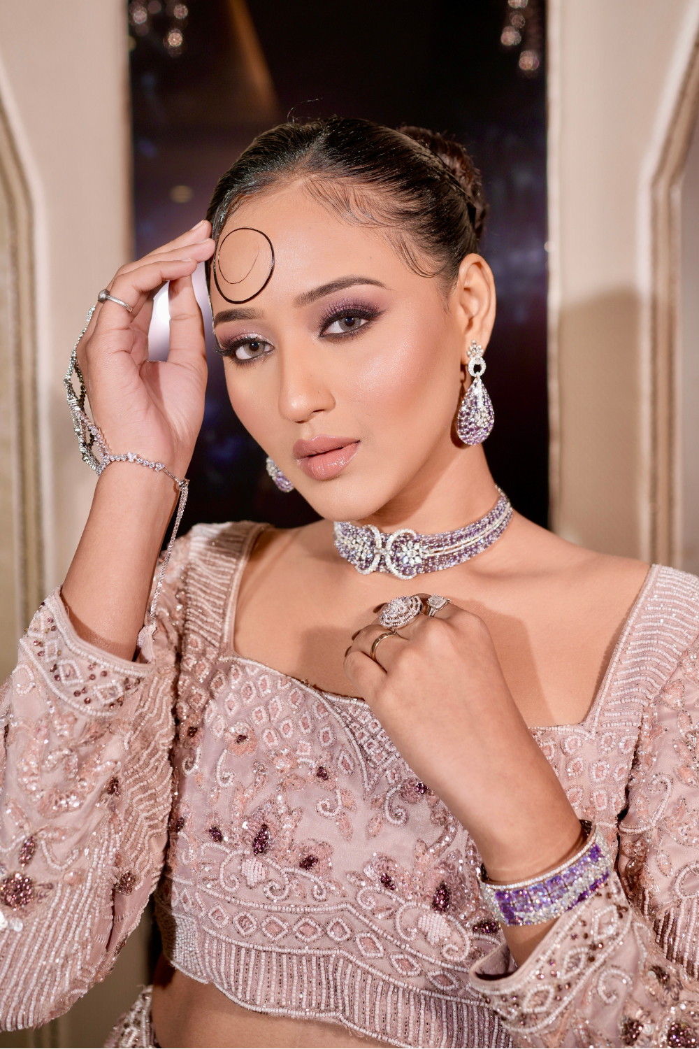 Powder Pink Bridal Lehenga With Sequins Beads Zari Work Embellishment4