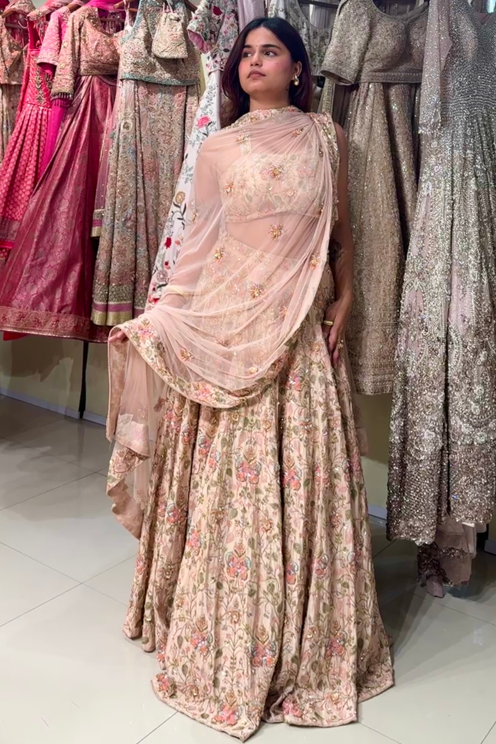 Blush Pink Lehenga With Floral Sequin and Thread Work Embellishment