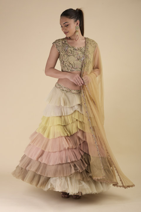 Beige Scallop Layered Lehenga
