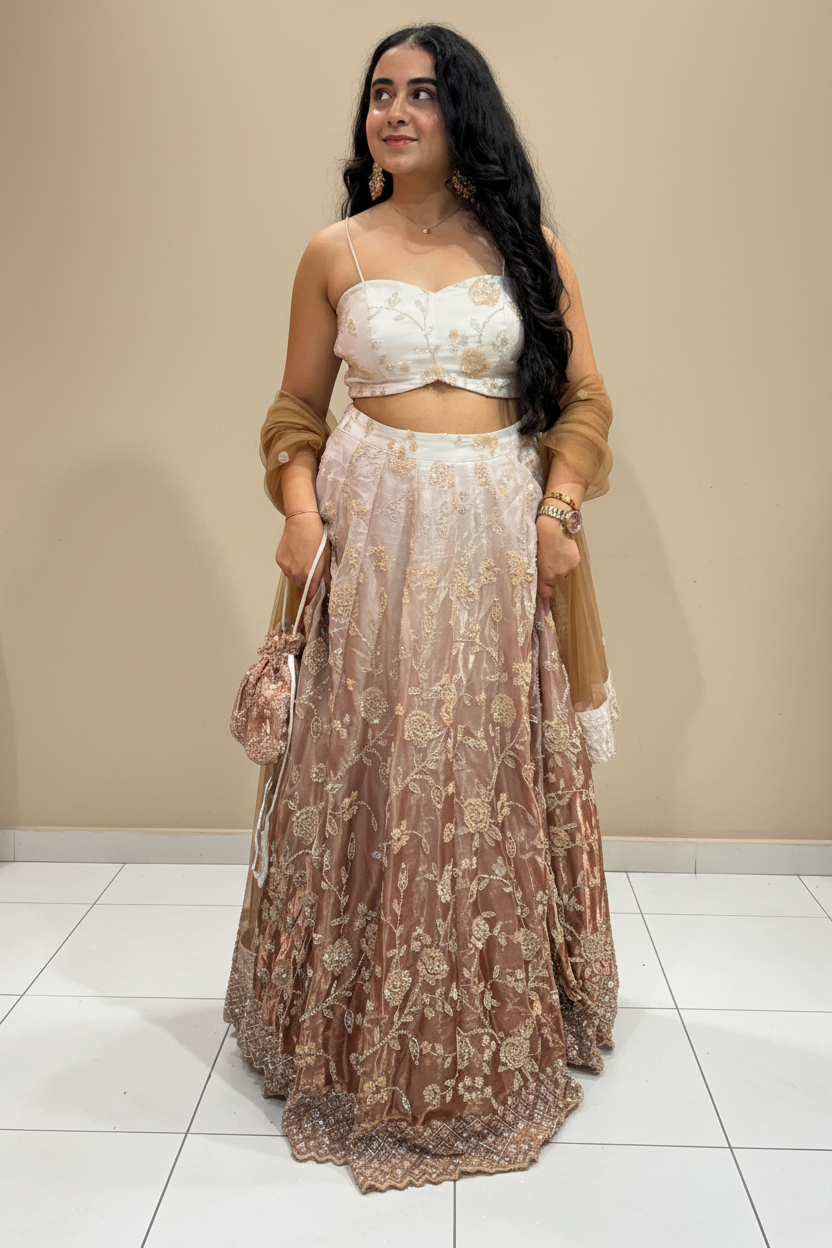 Soft Blush Pink And Muted Rose Gold Ombre Lehenga With Cutdana Embroidery Embellishment