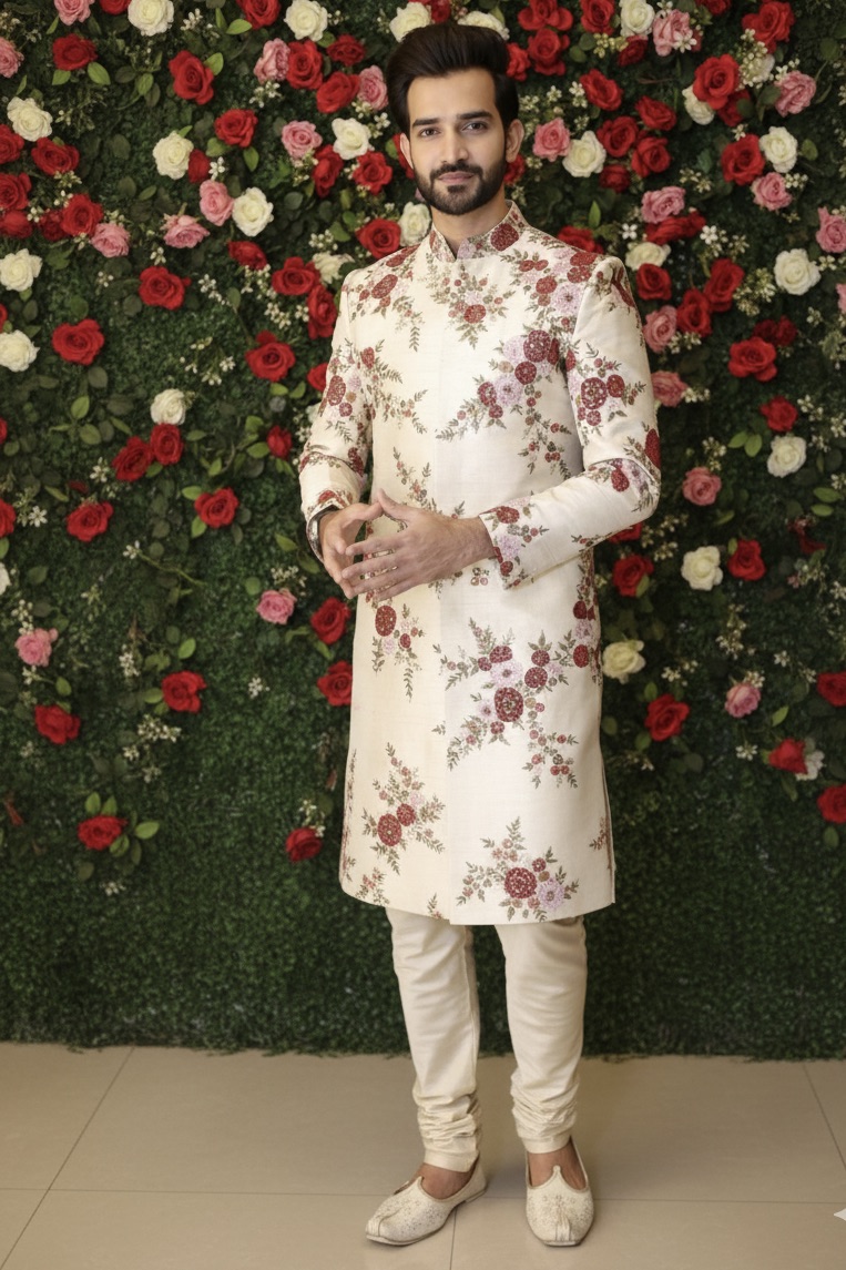 Gold Beige Sherwani Set With Floral Embroidery And Sequin Work Embellishment