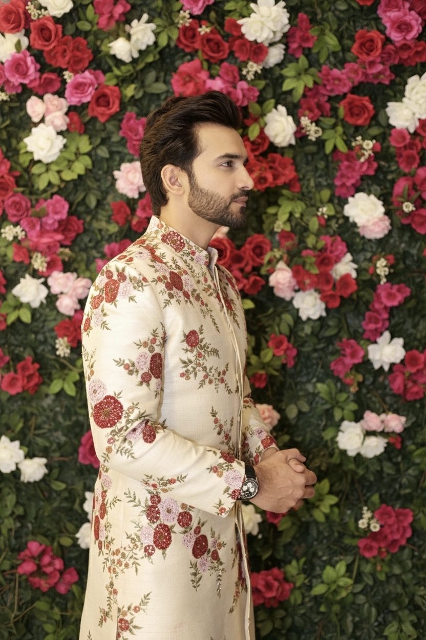 Gold Beige Sherwani Set With Floral Embroidery And Sequin Work Embellishment2
