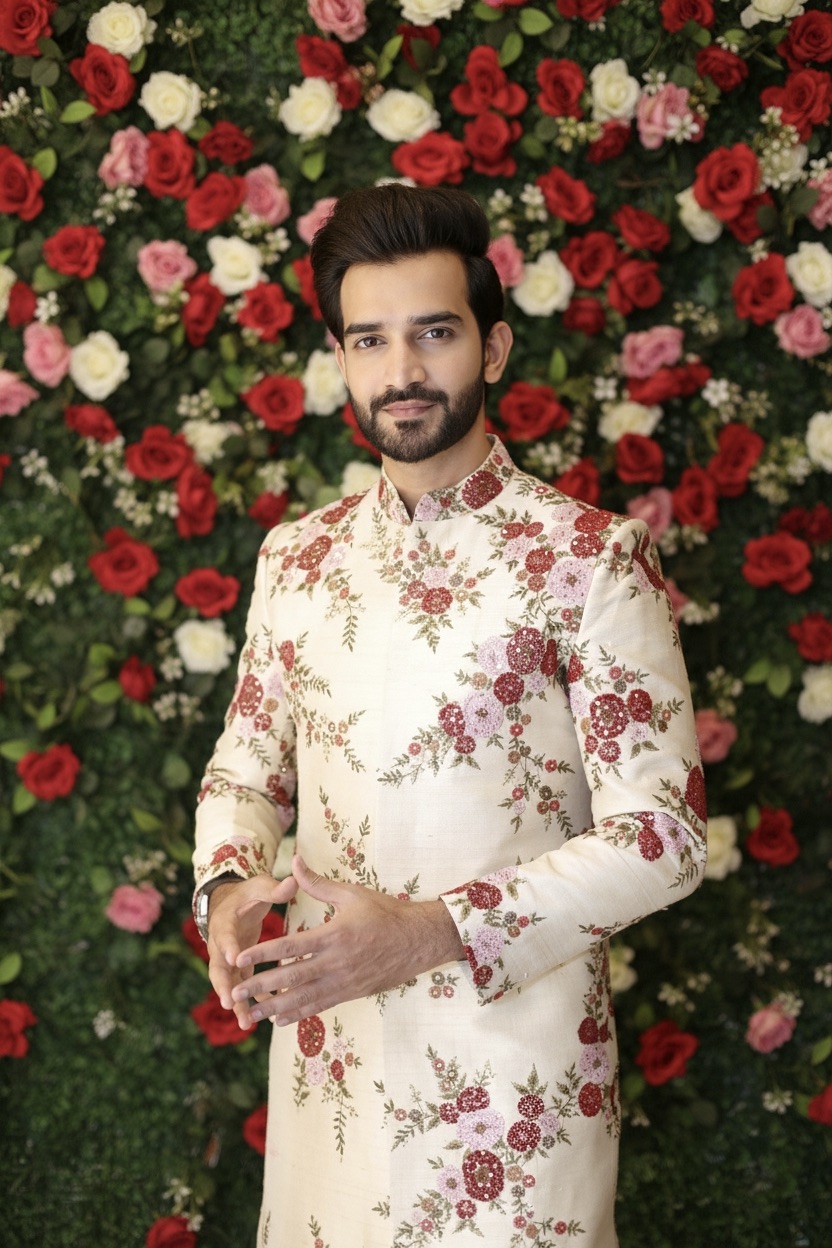 Gold Beige Sherwani Set With Floral Embroidery And Sequin Work Embellishment3