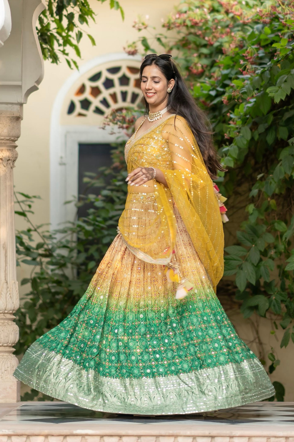 Yellow Green Ombre Lehenga With Sequin Mirror Work Embellishment
