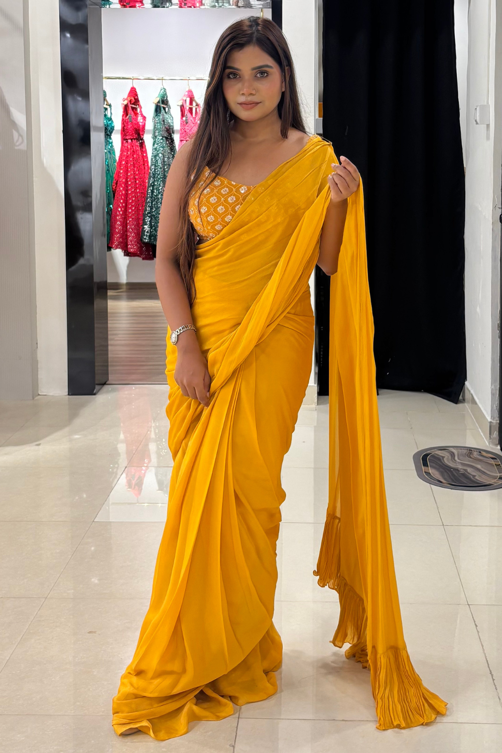 Sunny Yellow Pre Draped Saree With Sequinned Blouse2