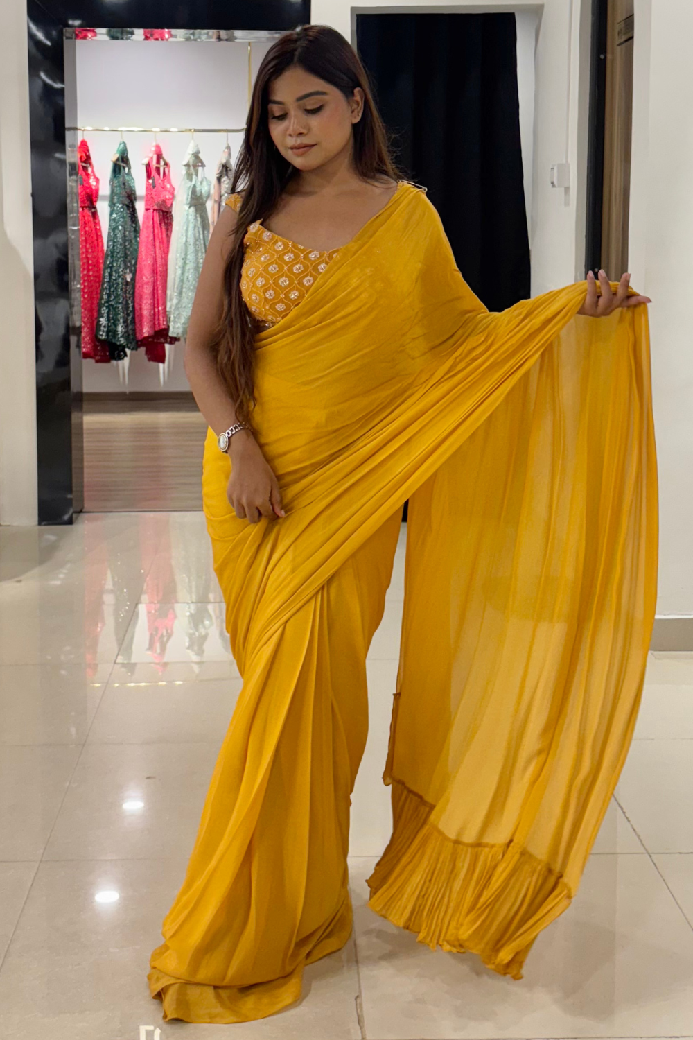 Sunny Yellow Pre Draped Saree With Sequinned Blouse