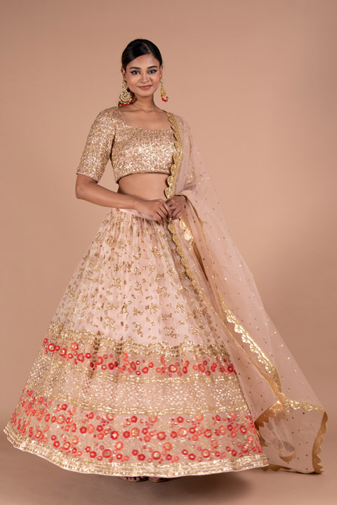 Peach lehenga set with sequence thread work