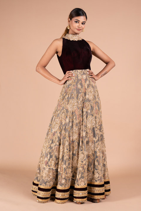 Gold And Maroon  Embellished  Gown
