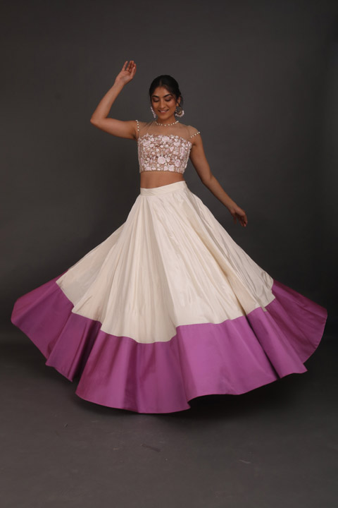 Off White And Mauve Embroidered Top Bottom Set