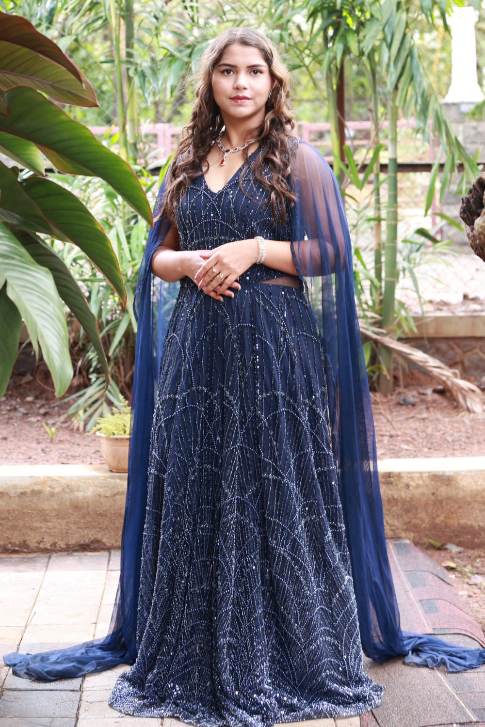 Midnight Blue Gown With Sheer Trail And Sequins Beads Embellishment