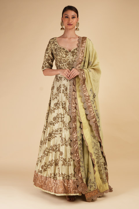 Sage Green Raw Silk Lehenga