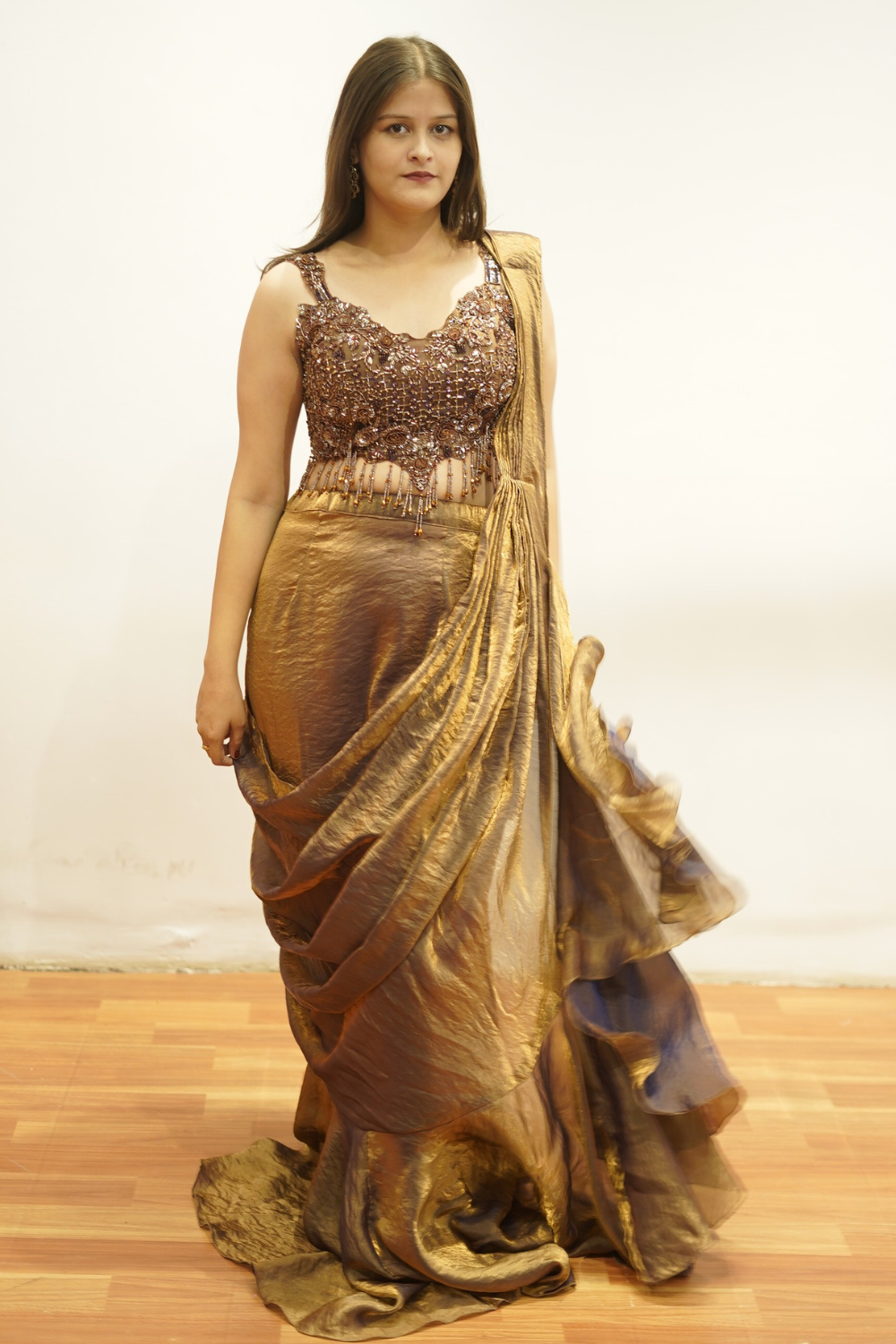 Dark Golden Brown Pre Drapped Saree1