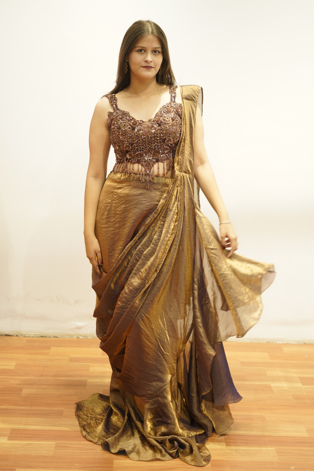 Dark Golden Brown Pre Drapped Saree