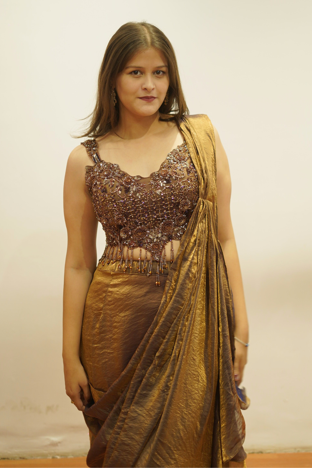 Dark Golden Brown Pre Drapped Saree5