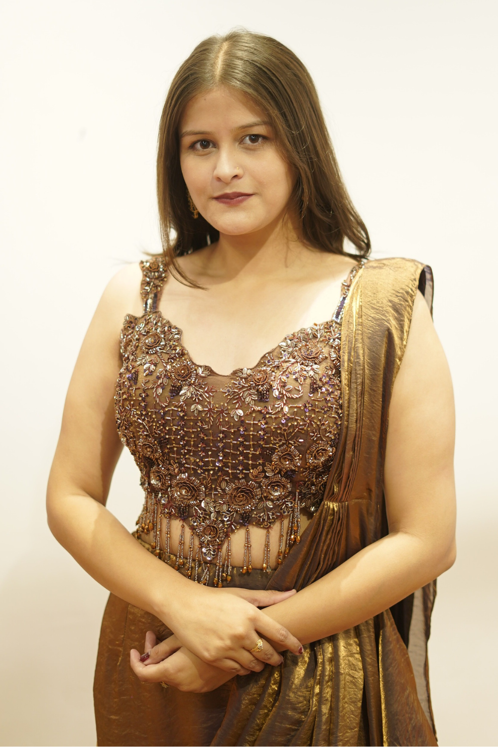 Dark Golden Brown Pre Drapped Saree6