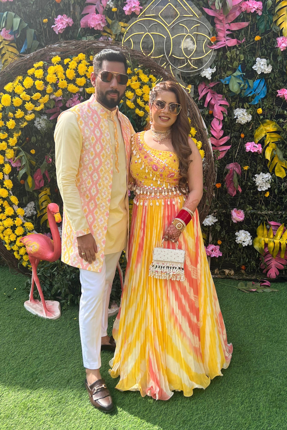 Yellow Tie Dye Ensemble With Asymmetric Blouse  And Mirror Bead Thread- Work Embellishment3