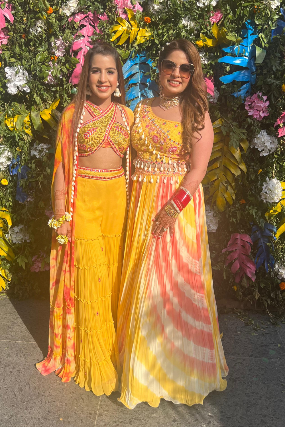 Yellow Tie Dye Ensemble With Asymmetric Blouse  And Mirror Bead Thread- Work Embellishment4