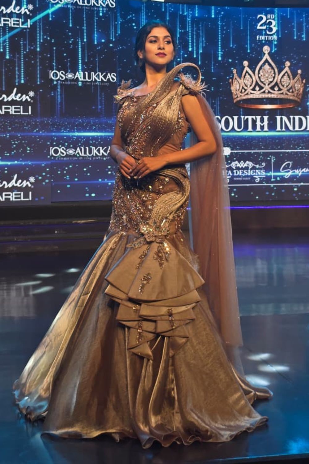 Rose Gold Fish Cut Gown With Sequins Bead Work Embellishment