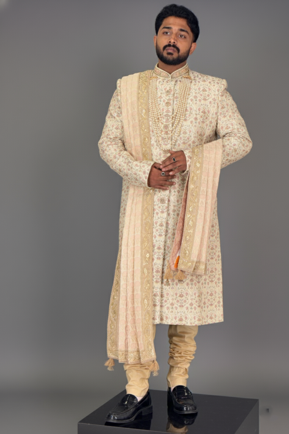 Beige Sherwani Set With Floral Embroidery Embellishment