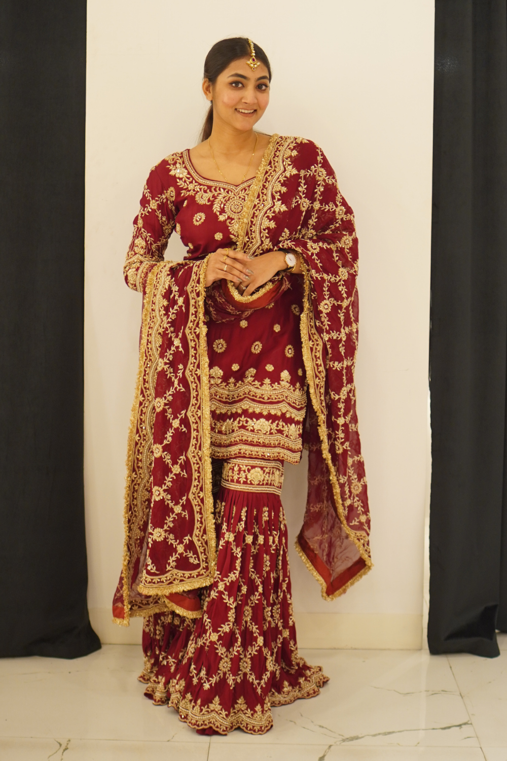 Maroon Gharara Set With Golden Thread Work Embellishment