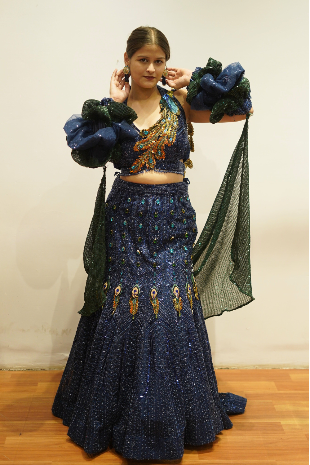 Navy Blue Lehenga With Peacock Motif Embellishment