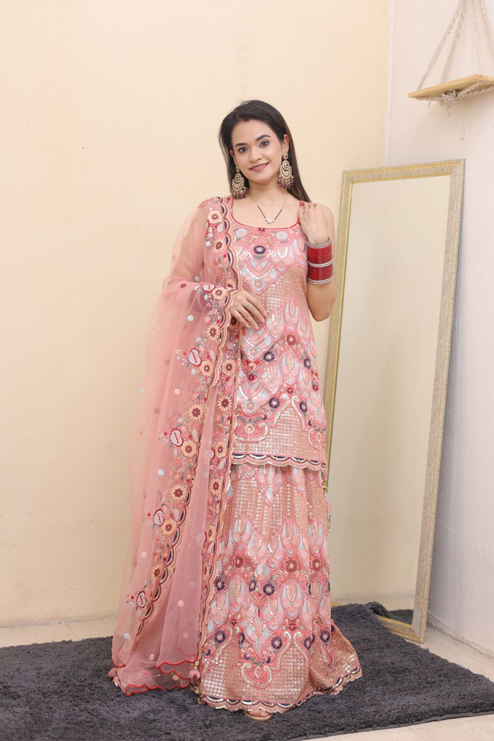 Peach Pink Lehenga With Sequins Beads Thread Work Embellishment