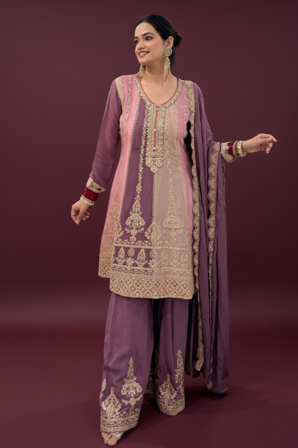 Shades Of Mauve Dusty Pink And Lilac- Purple Sharara Suit With Golden Thread Work Embellishment5
