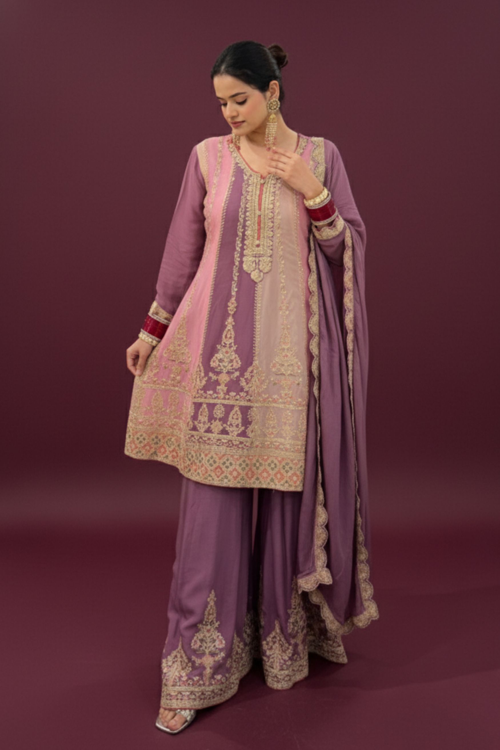 Shades Of Mauve Dusty Pink And Lilac- Purple Sharara Suit With Golden Thread Work Embellishment