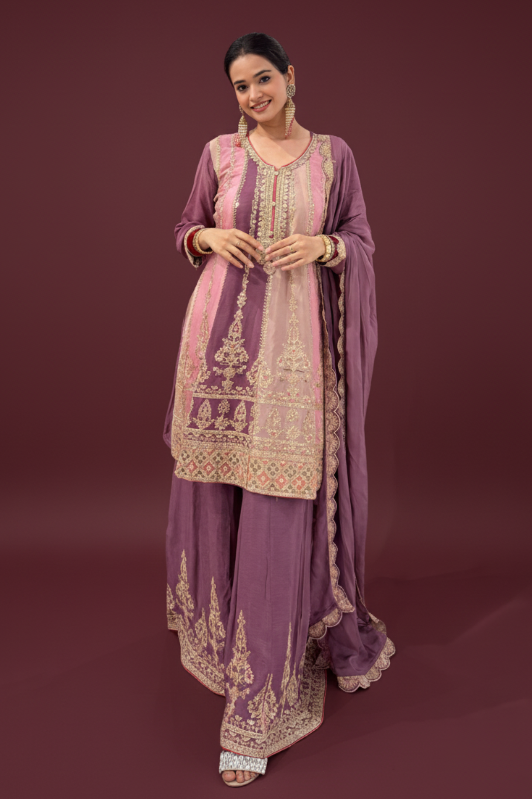 Shades Of Mauve Dusty Pink And Lilac- Purple Sharara Suit With Golden Thread Work Embellishment7