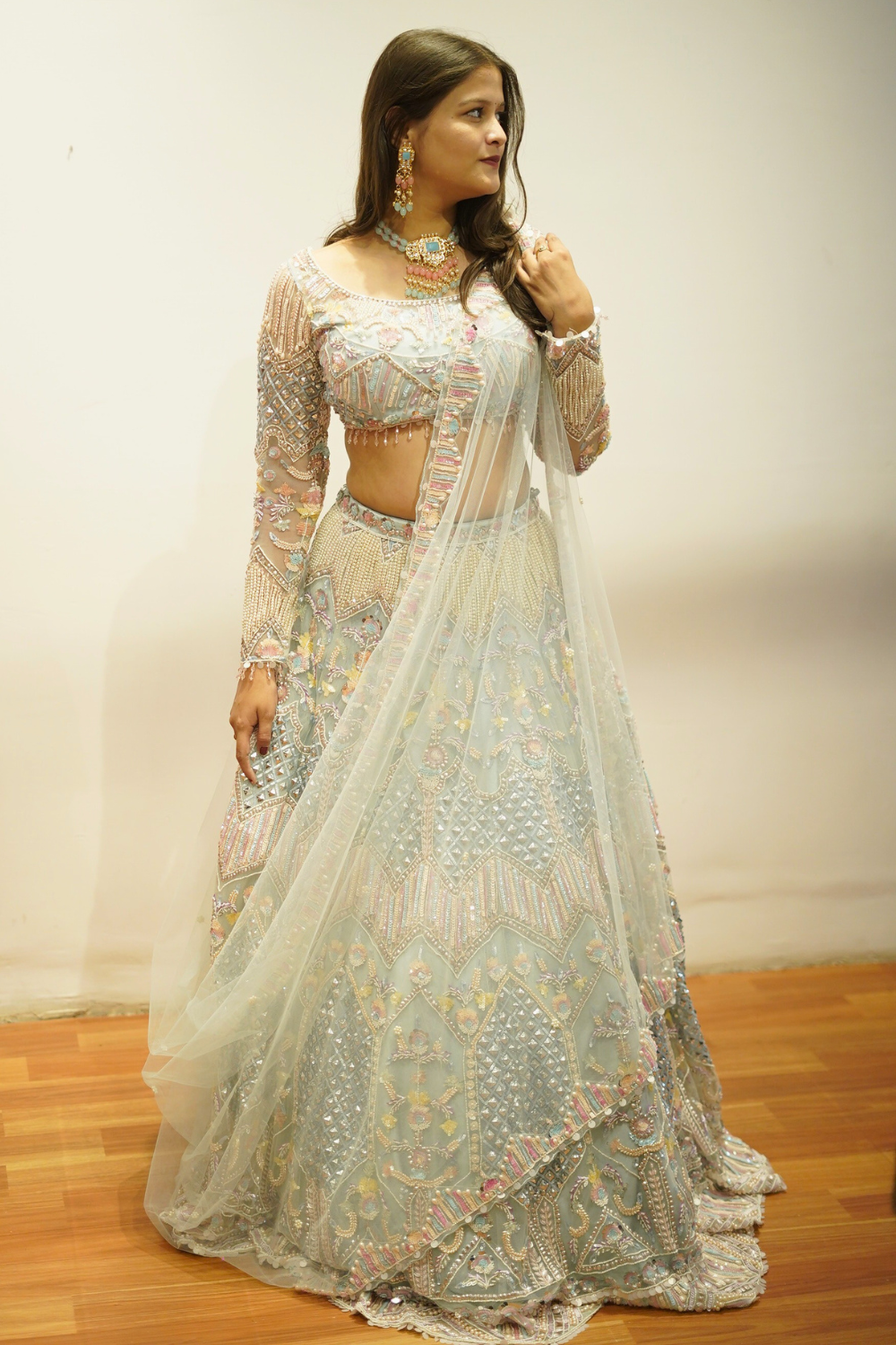 Light Pastel Blue Lehenga With Sequins Beads Pearl Thread Work Embellishment